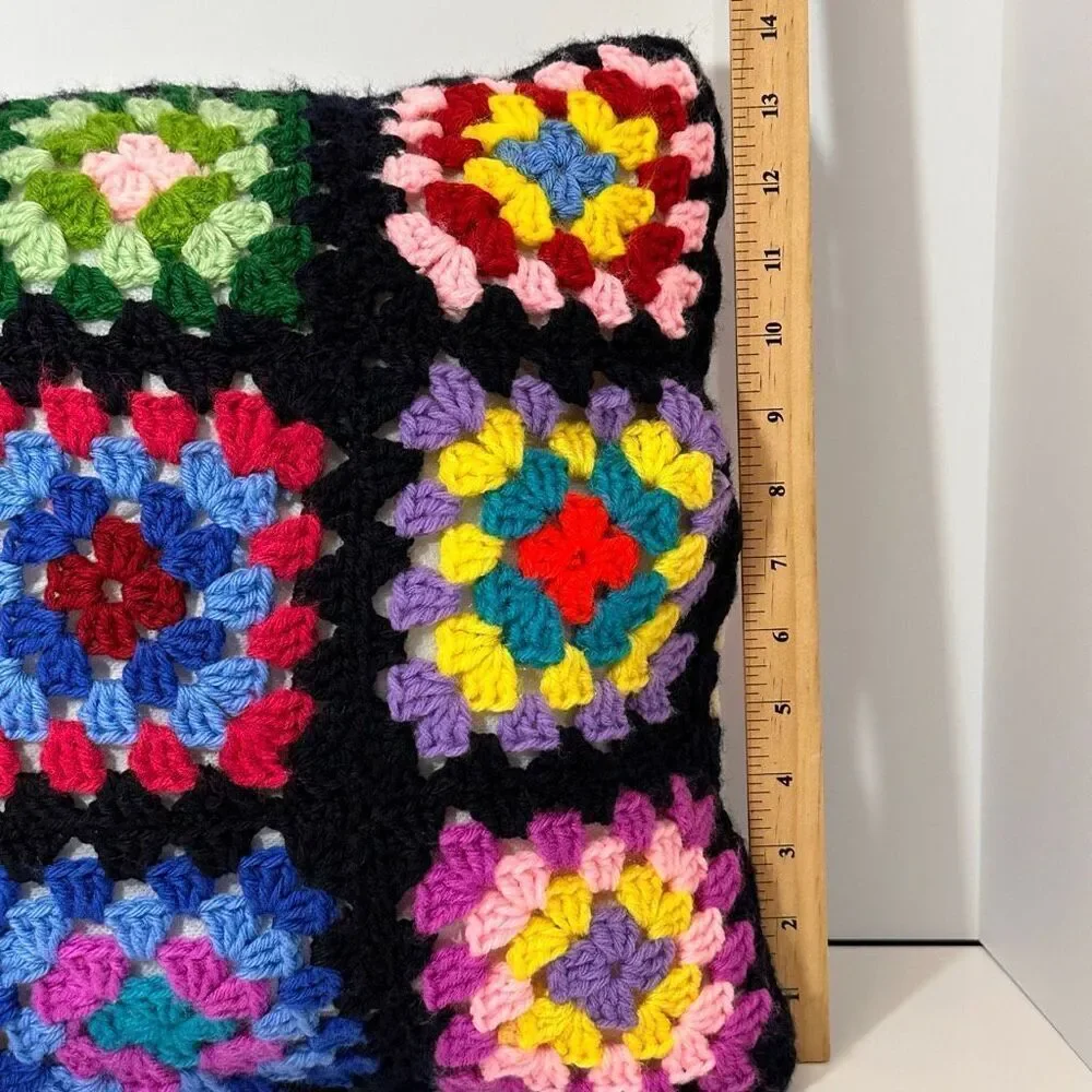 Pillow Crocheted Granny Square Colorful Decoration Black 14”x14”